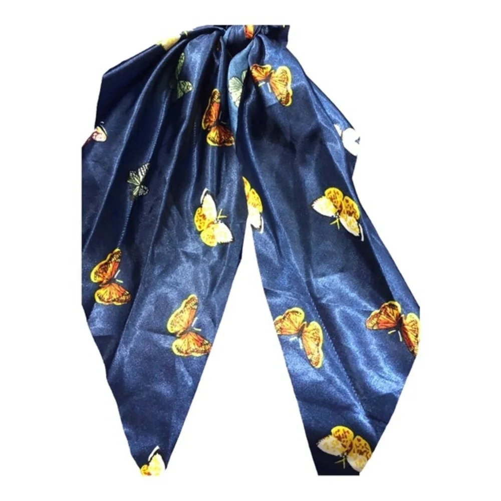 4 Butterfly print satin‎ look black, pink, blue ivory hair scrunchie scarves new